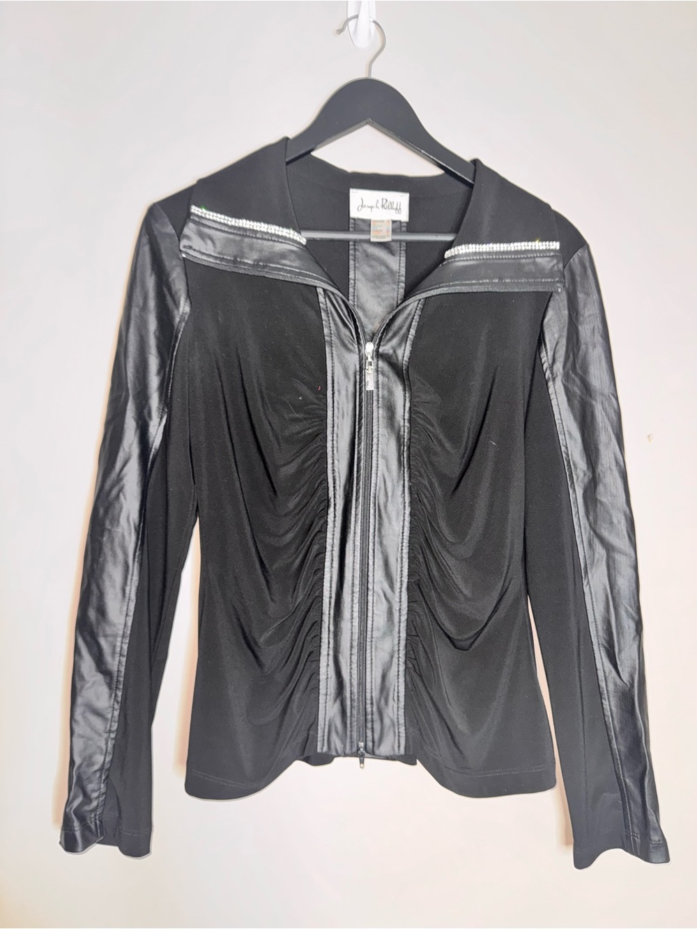 Joseph Ribkoff Black Zip-Front Faux-Leather Trim Jacket